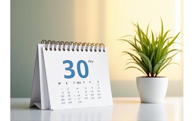 Calendar with marked dates and a plant, representing gradual progress over 30 days towards digital wellness.