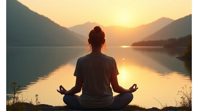 Person meditating in a tranquil natural setting, reflecting personal calm.